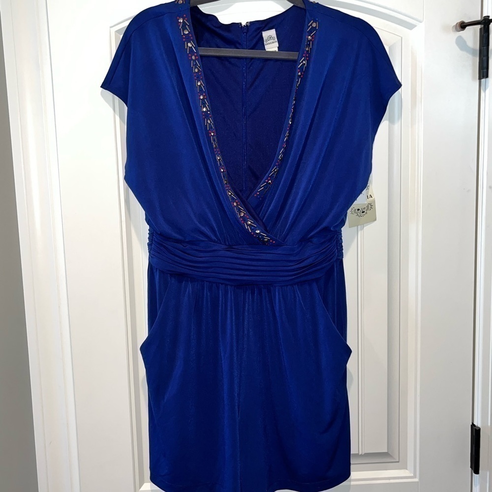 Royal blue shorts romper with bead trim western boho vacation Sangria NWT Size 8